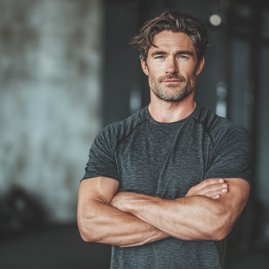 Confident man in athletic wear standing with arms crossed, showing determination and strength in a modern gym setting