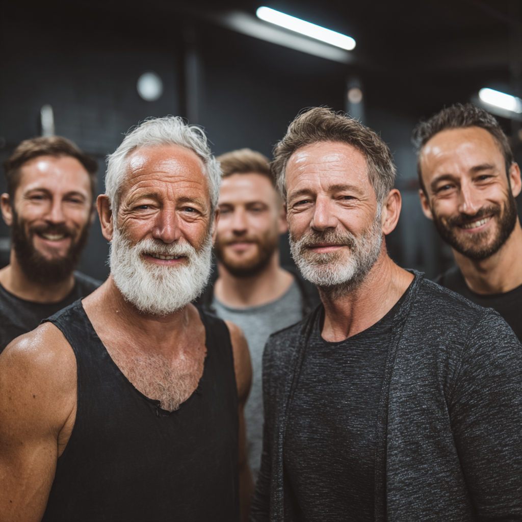 Group of successful men of different ages celebrating their fitness achievements together in a modern gym, showing camaraderie and accomplishment