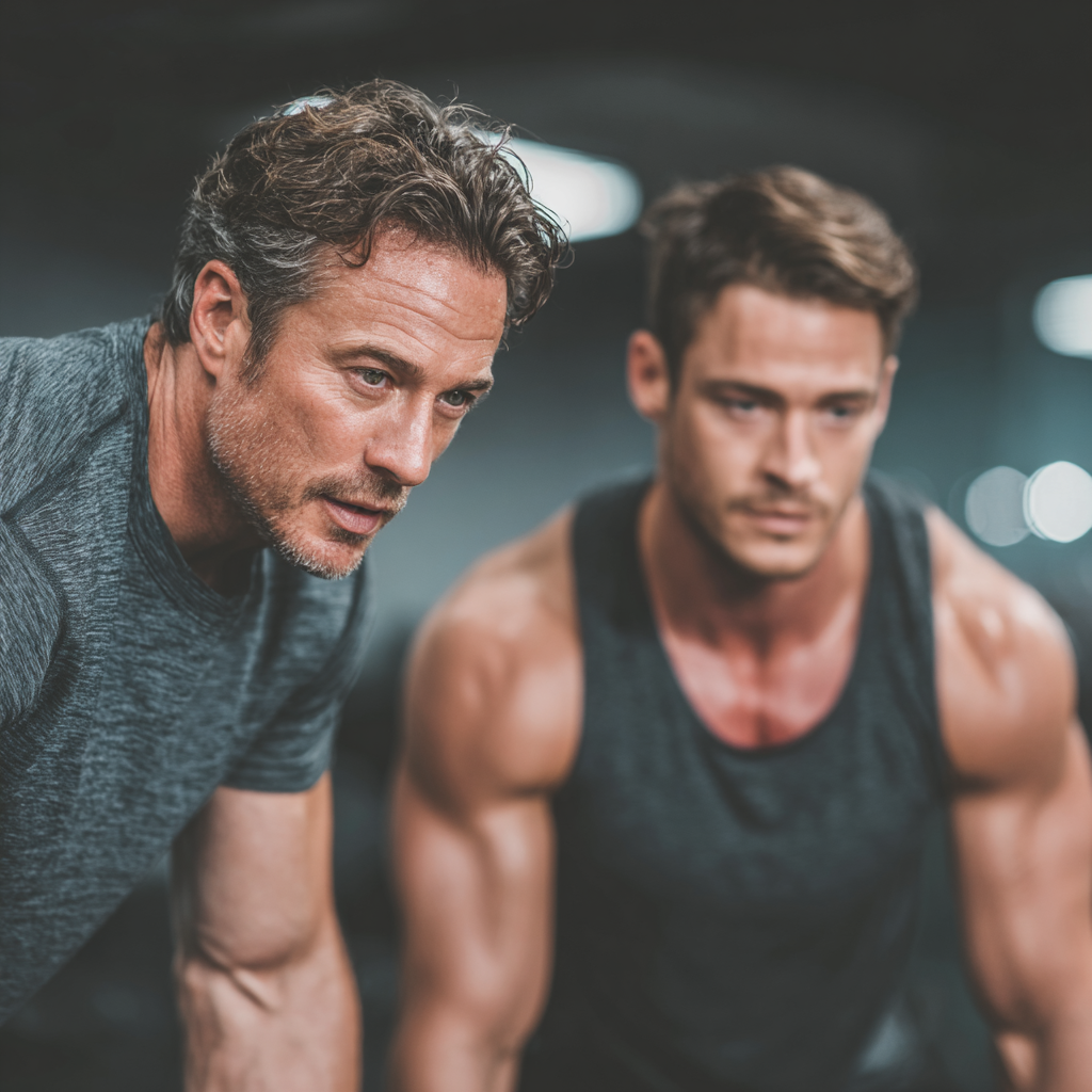 Professional fitness coach demonstrating proper exercise form to a focused male client in a modern training facility